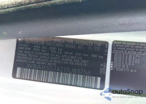 2001 BMW 330Ci из США, поврежденный, VIN WBABS53421JU83756